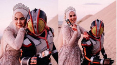 Foto prewedding dengan kostum kamen rider