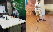 memberiskan kantor dan mengelap meja