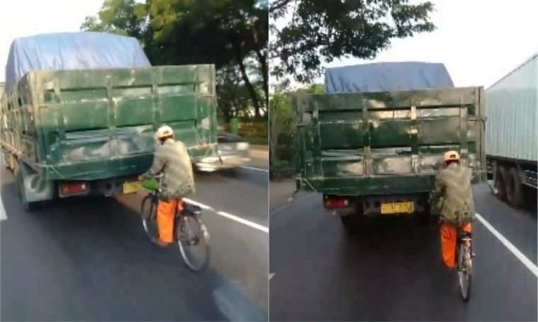 nekat nebeng truk dengan cara berbahaya