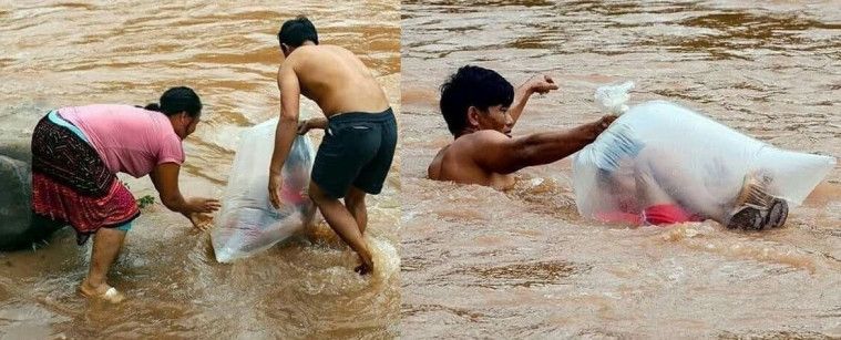 Seorang Siswa Harus Masuk Kantong Plastik untuk Bisa Sampai ke Sekolah