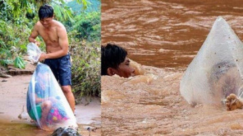 Seorang Pria Membungkus Anaknya dalam Plastik