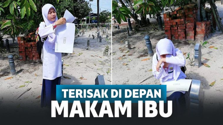 Pelajar ini menangis bawa hasil ujian ke makam ibu