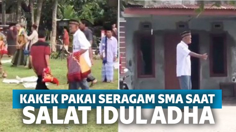 Kakek pakai seragam SMA saat salat idul adha
