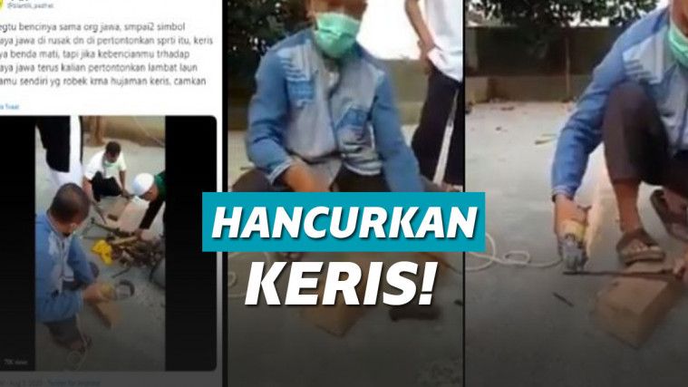 Tangkapan layar sekelompok pria tengah memotong keris