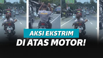 ilustrasi pria beratraksi di atas motor tanpa pegang setang