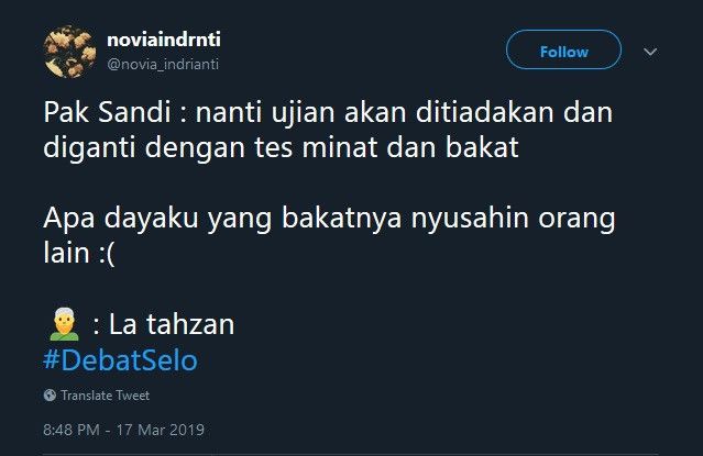 Cuitan netizen dengan tagar #DebatSelo