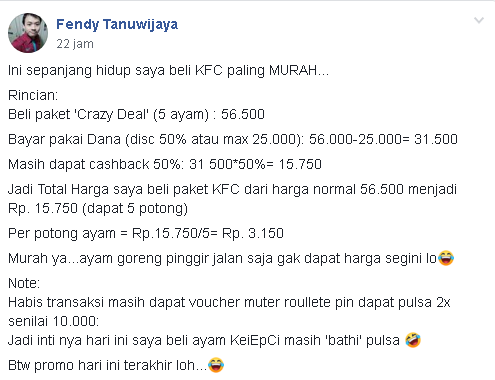 membagikan kisah keberuntungannya mendapatkan KFC harga murah