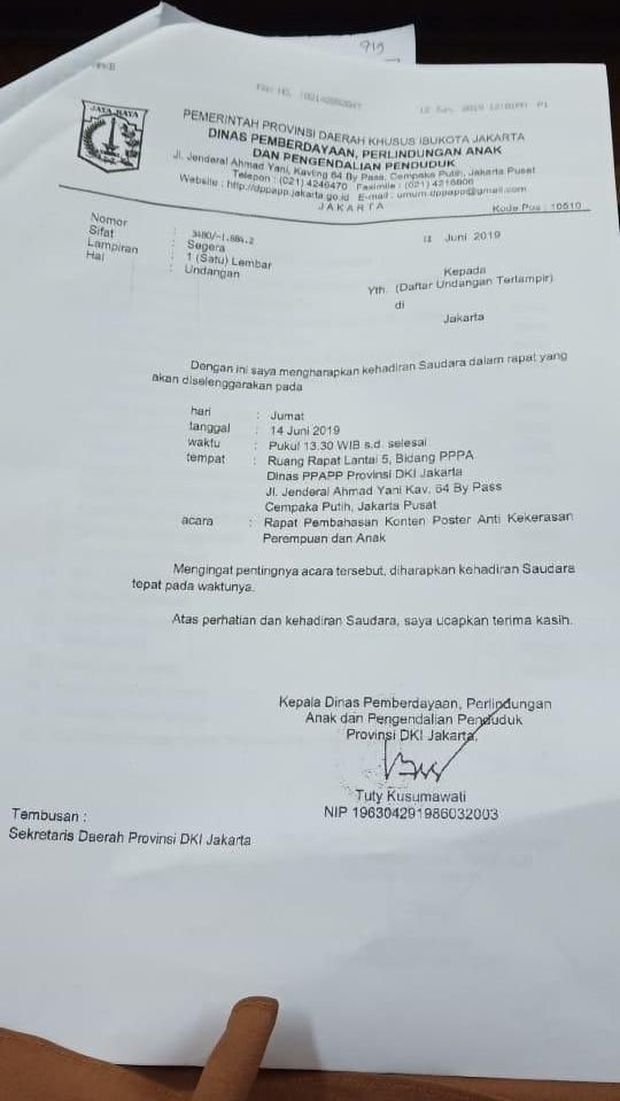 Undangan Dinas Pemberdayaan dan Perlindungan Anak Pemprov DKI yang menuai protes dan kemudian ditarik.
