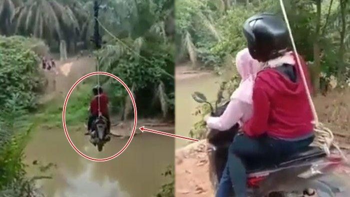 Viral! Tak Ada Jembatan, Motor Ini Terbang dengan Flying Fox untuk Seberangi Sungai