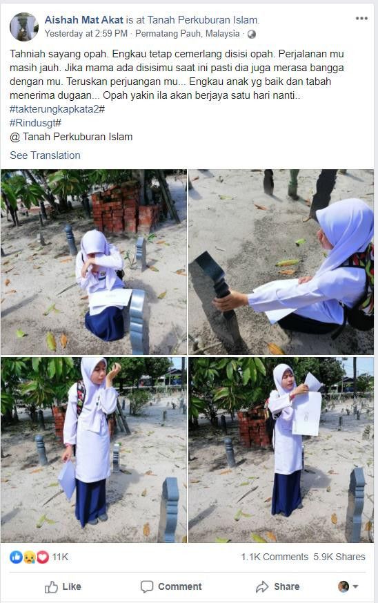 Pelajar ini menangis bawa hasil ujian ke makam ibu