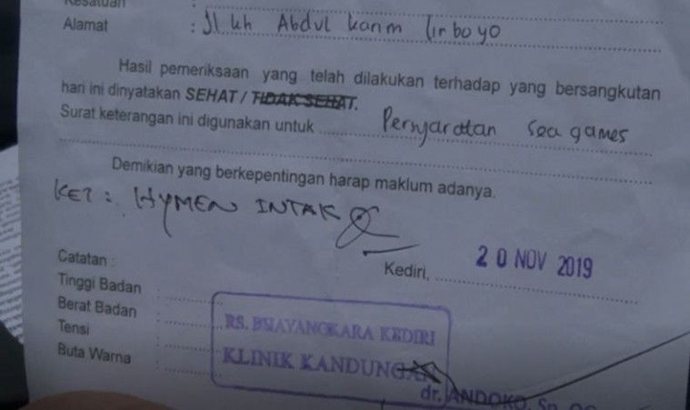 Hasil tes keperawanan Shalfa
