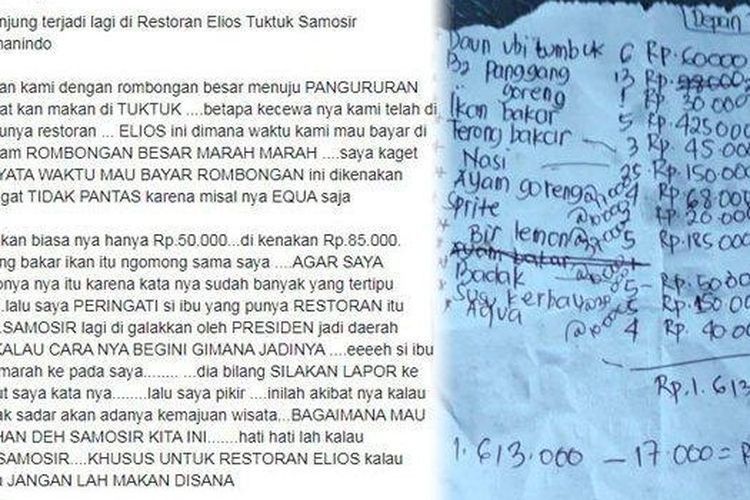 Pelanggan kaget ditagih bayar makanan senilai Rp. 1,6 juta