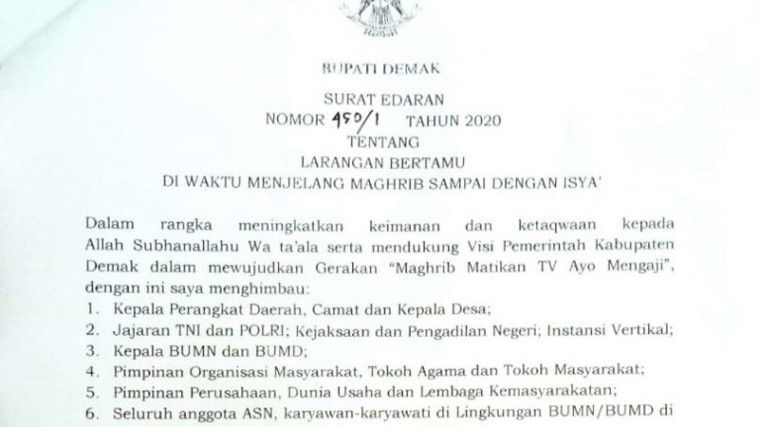 Bupati Demak Larang Warga Bertamu Saat Magrib