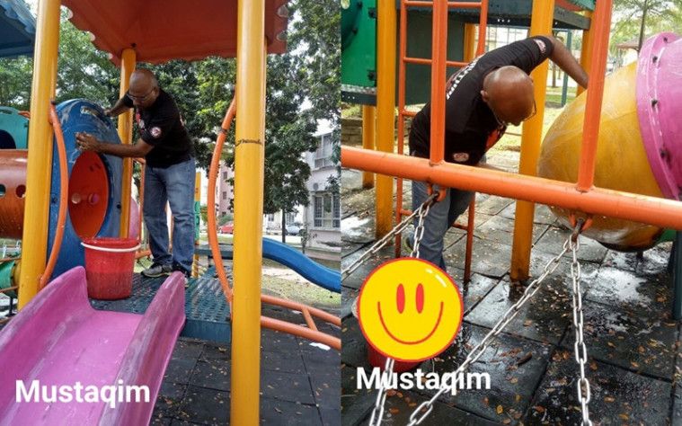 Pria bersihkan taman bermain agar anak-anak tidak terkena corona