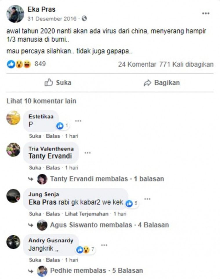 Geger! Status Facebook Ini Ramal Virus Corona Sejak 4 Tahun Lalu, Ini Kata Pemilik Akun