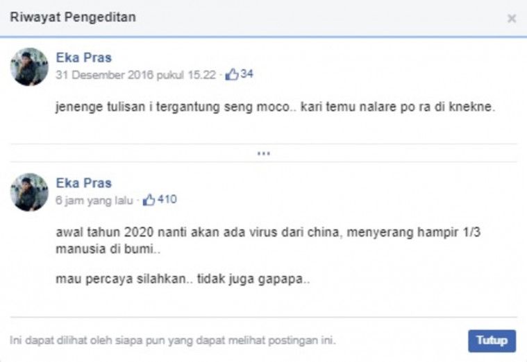 Geger! Status Facebook Ini Ramal Virus Corona Sejak 4 Tahun Lalu, Ini Kata Pemilik Akun