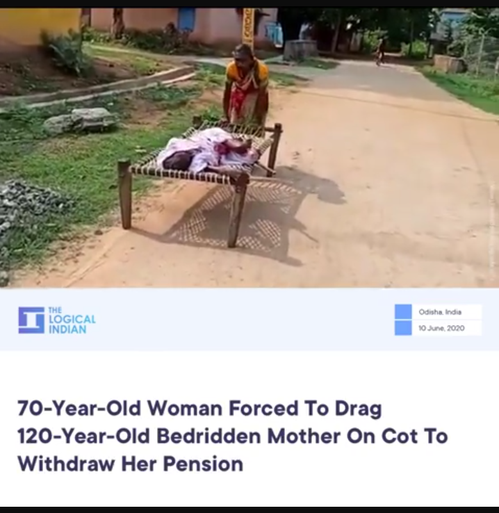 Wanita tua menyeret sang ibu yang terbaring di atas dipan demi bisa mengambil uang pensiuan di bank
