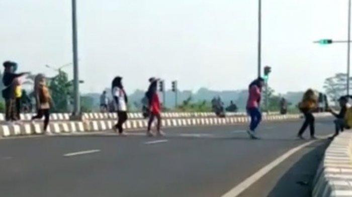 ilustrasi emak-emak joget tiktok di jalan tol