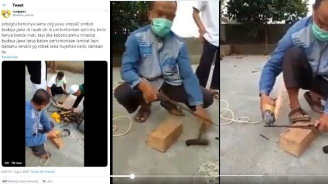 Tangkapan layar sekelompok pria tengah memotong keris