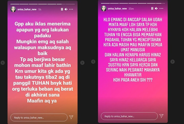 Perimntaan maaf via Instastory Annisa Bahar