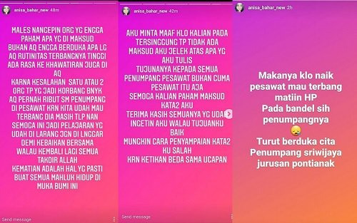 Unggahan Instastory Annisa Bahar mengenai korban pesawat Sriwijaya