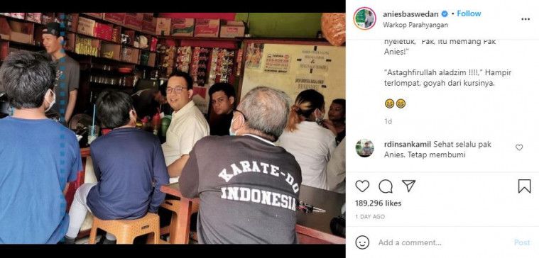 Gubernur DKI Jakarta Anies Baswedan di warung kopi (warkop), Cipete, Jakarta Selatan, Minggu (14/3/2021)