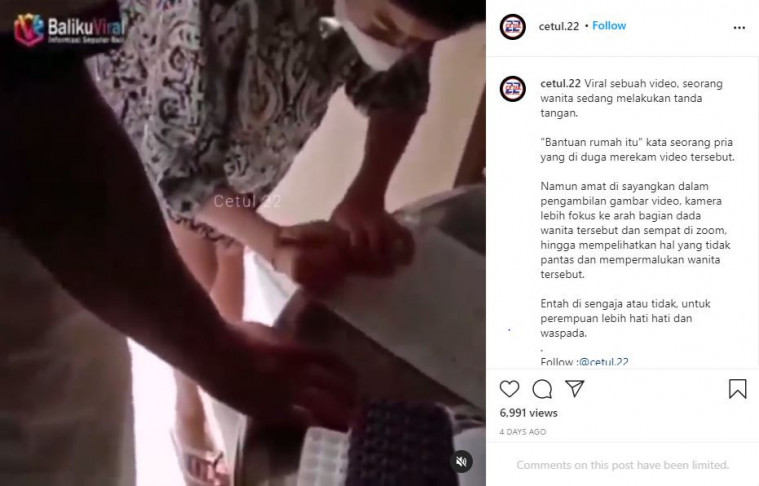 Unggahan instagram pria merekam payudara wanita dengan modus minta tanda tangan
