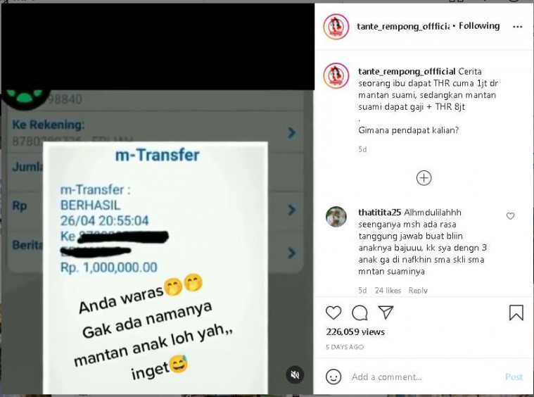 Wanita mengeluh diberi THR Rp1 juta oleh mantan suami