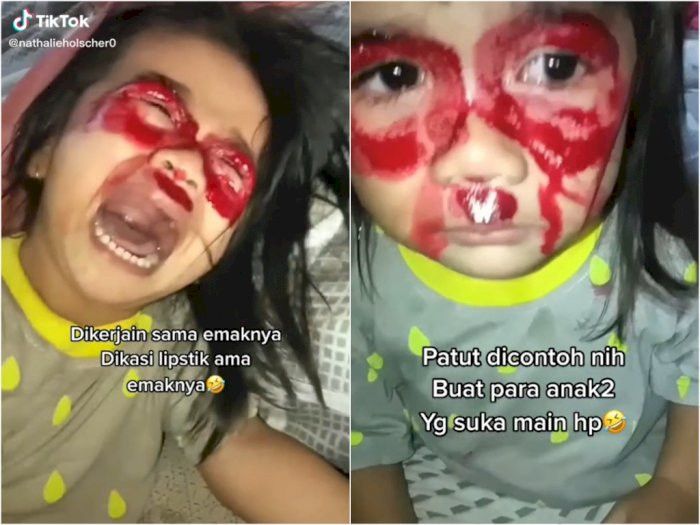 Viral anak kecil diolesi lisptik merah gara-gara kecanduan HP